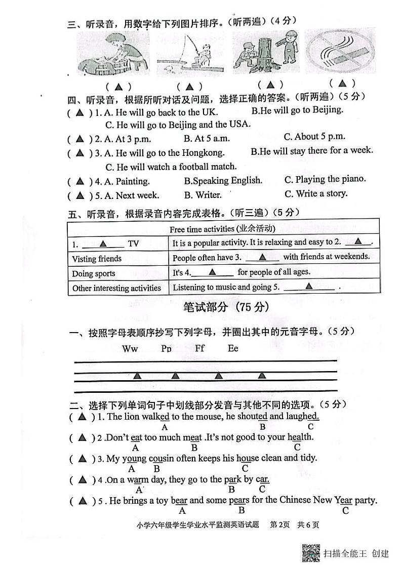 江苏淮安涟水县2023小学六年级学生学业水平监测英语试题第2页