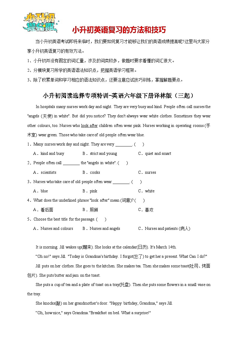 小升初阅读选择专项特训-英语六年级下册译林版（三起）（含答案）01