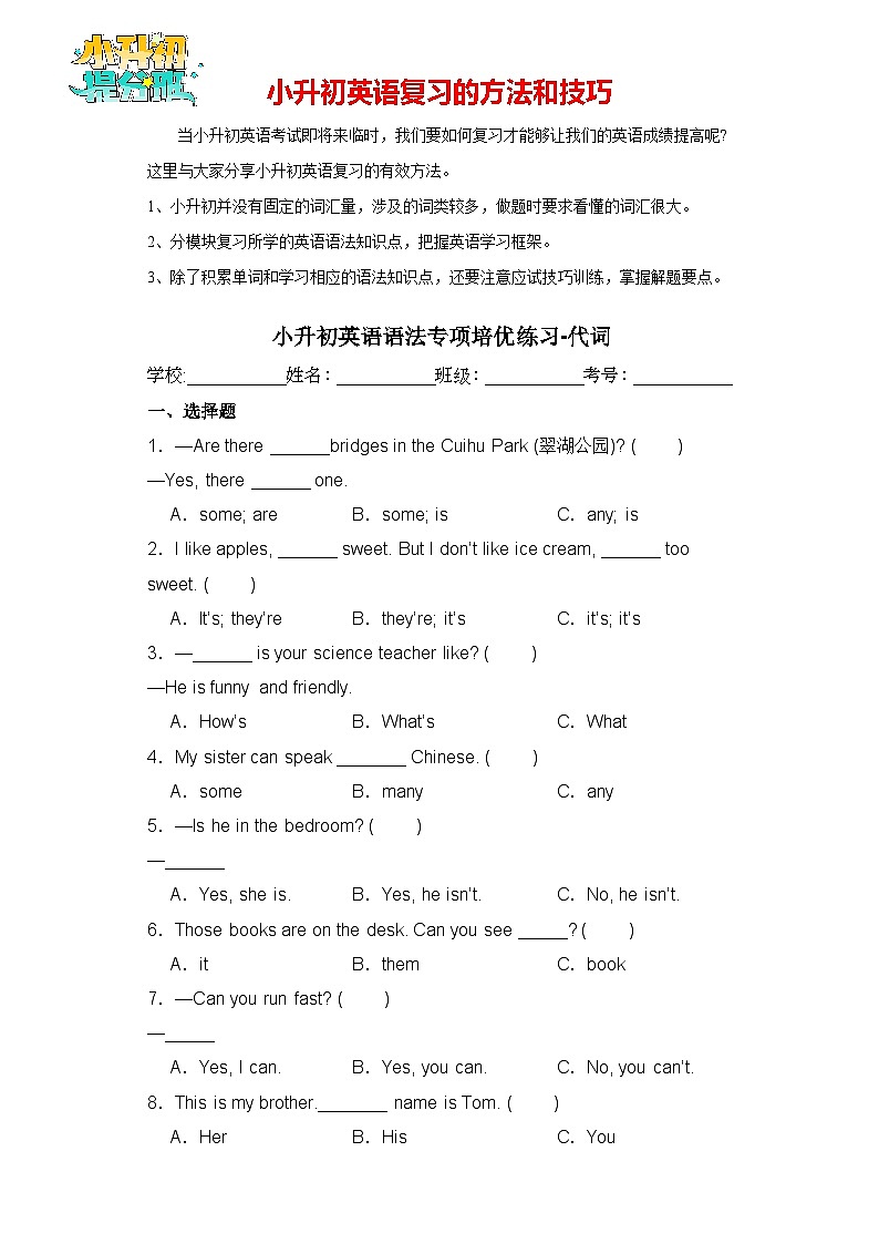小升初英语语法专项培优练习-代词（全国通用版）01