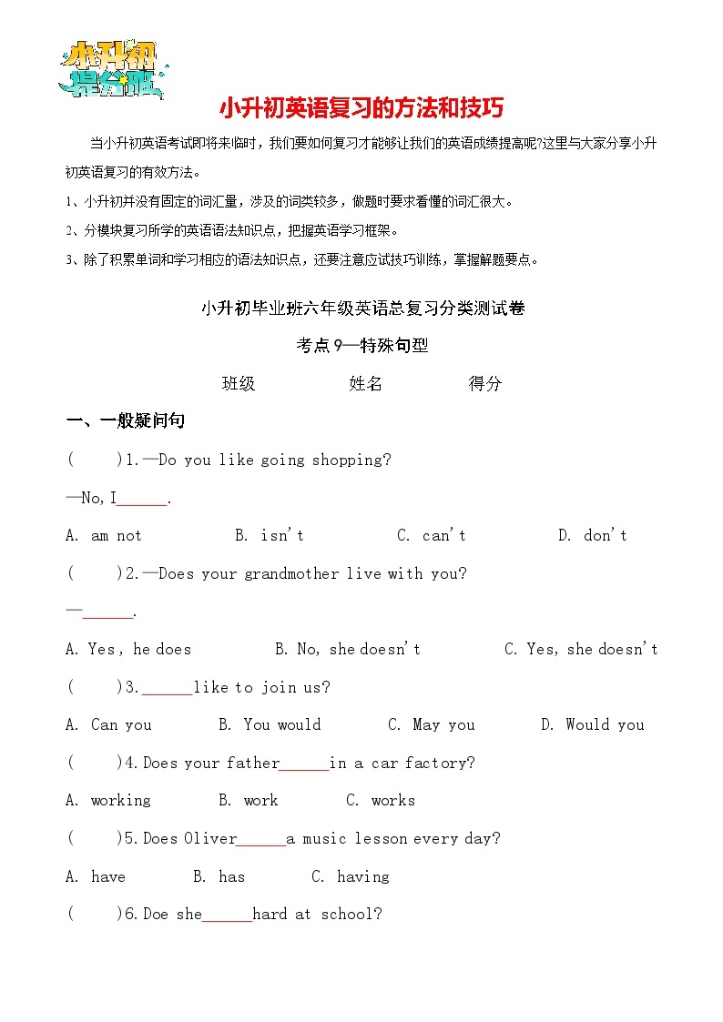 考点9—特殊句型专题小升初毕业班六年级英语总复习分类测试卷01