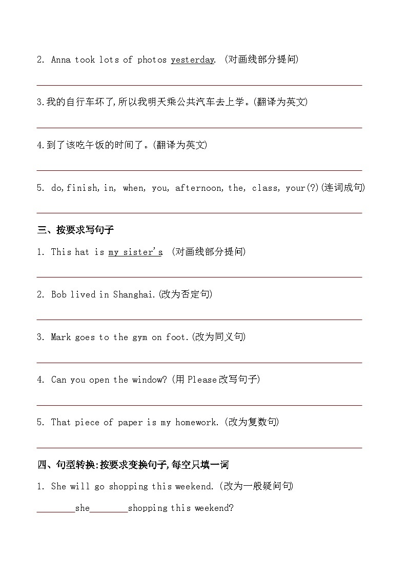考点18—句型转换(三)专题小升初毕业班六年级英语总复习分类测试卷第2页
