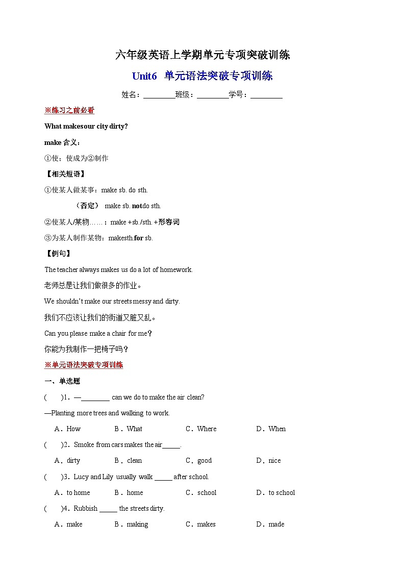 Unit6 单元语法突破专项训练-2023-2024学年译林版六年级英语上学期单元专项突破训练第1页