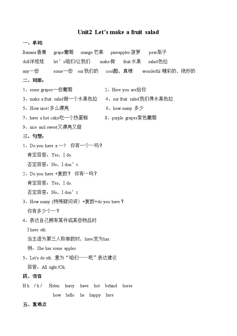 译林版英语四年级上册第二单元Unit2知识点01