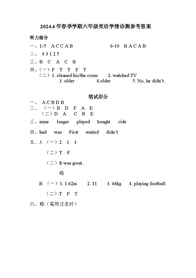 2024.4六年级英语参考答案第1页