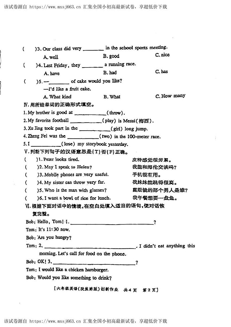 04，陕西省咸阳市永寿县上邑乡北顺什小学2023-2024学年六年级下学期期中英语试题第2页