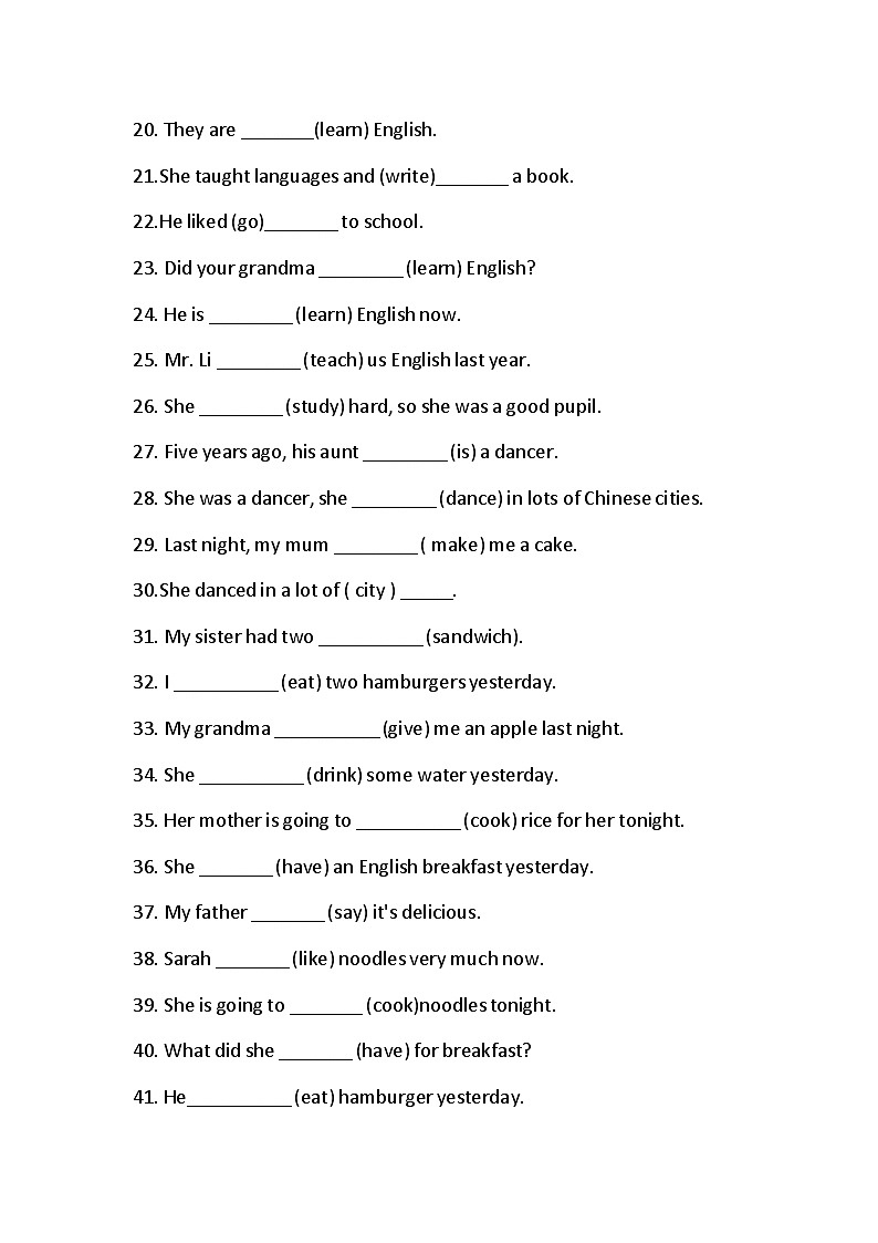 外研版（三年级起点）五年级下册用动词的适当形式填空70题（含答案）（1-5模块）第2页