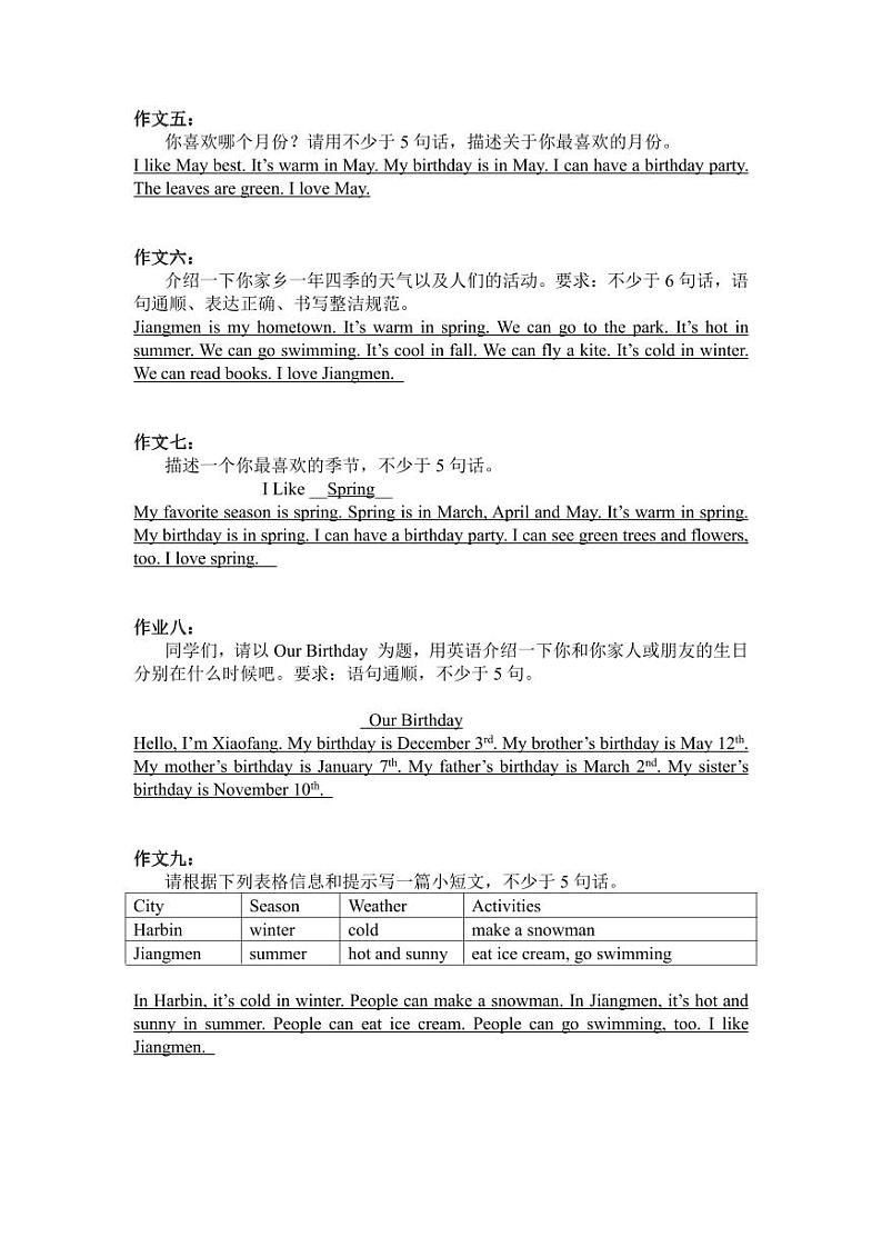 开心版小学英语 五年级上册 作文汇总训练02