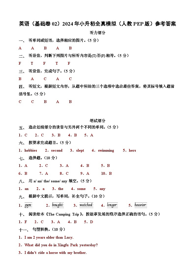 英语（基础卷02）2024年小升初全真模拟（人教PEP版）01