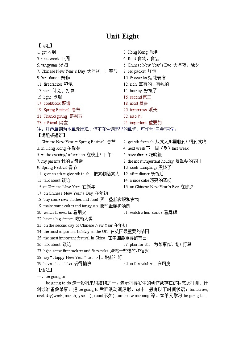 译林版六年级英语上册Unit8 单元单词、词组、句型、语法和单元检测卷01