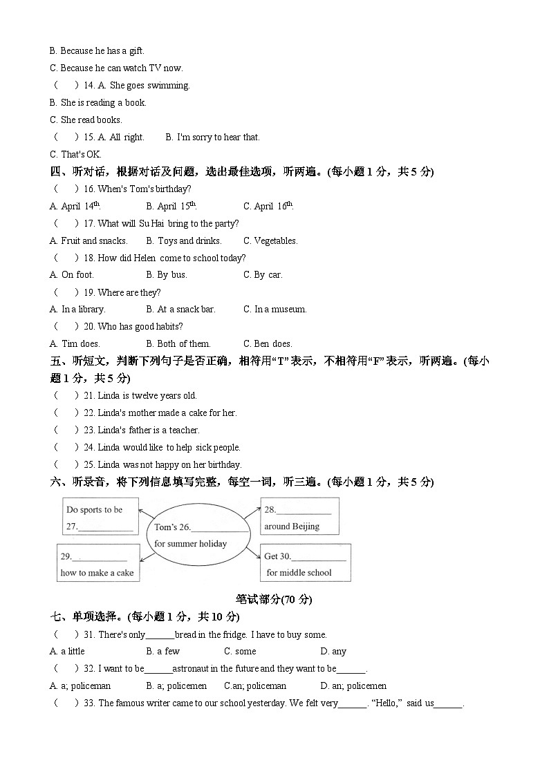 2022-2023学年江苏省苏州市太仓市译林版（三起）六年级下册期末调研英语试卷(无答案)02