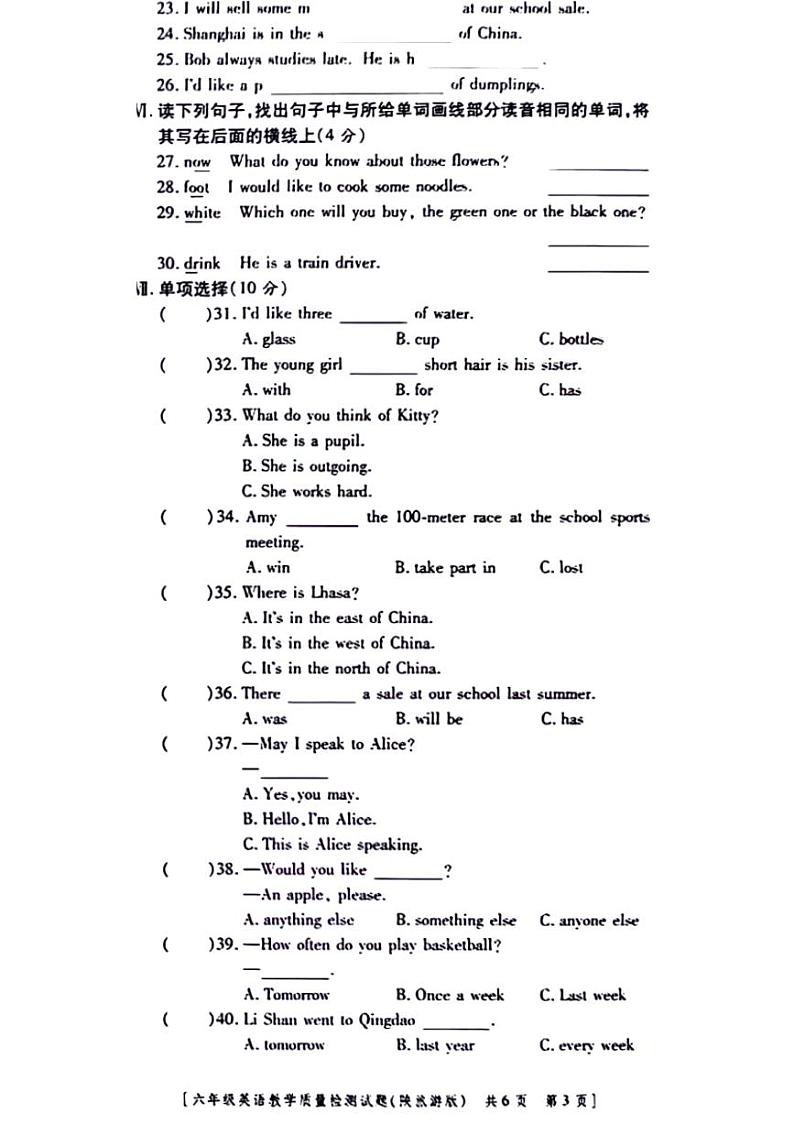 陕西省商洛市镇安县2022-2023学年六年级下学期期末英语试题第3页