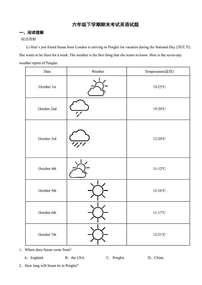 山东省烟台市蓬莱区2024年六年级下学期期末考试英语试题附参考答案第1页