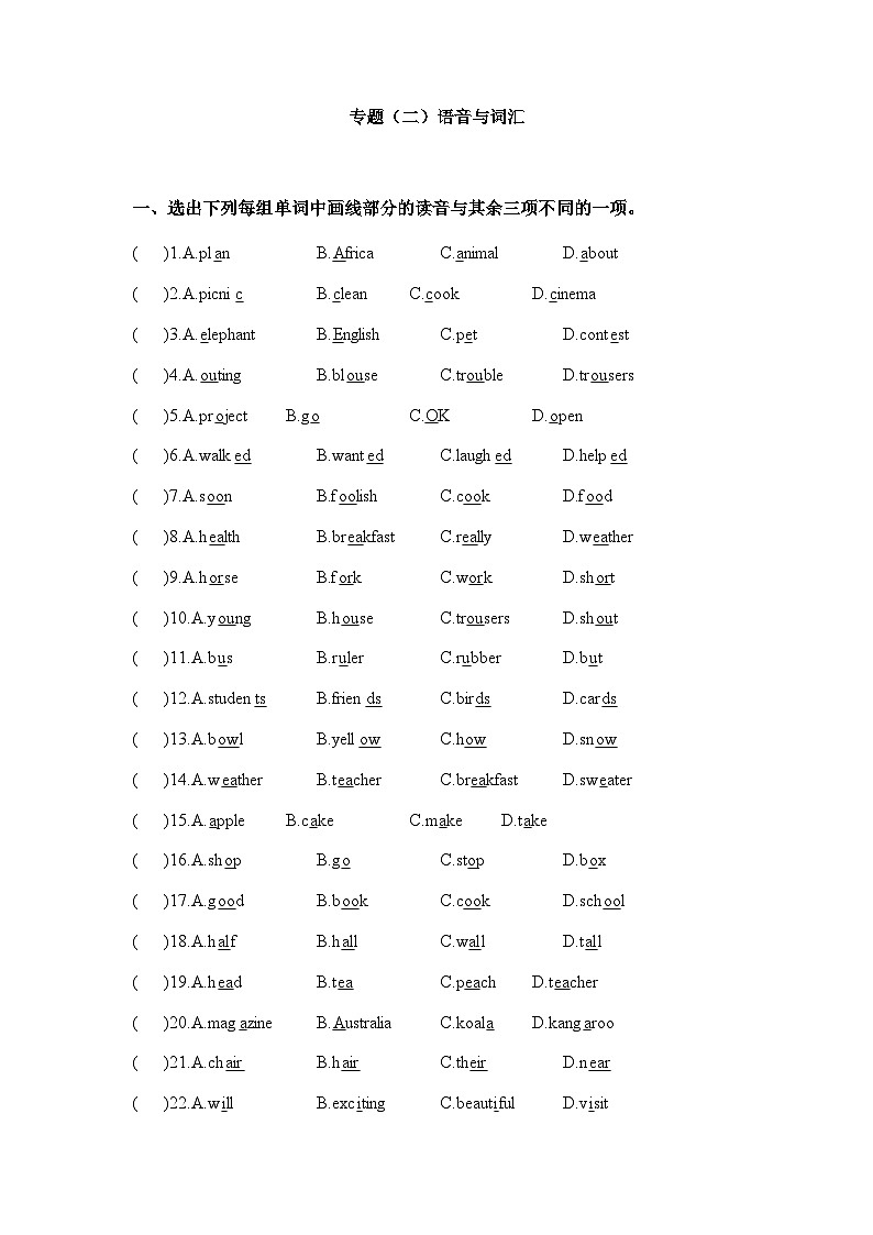 2023-2024学年六年级下册英语期末复习专题一（语音与词汇）01