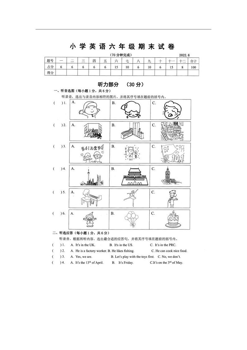 [英语]江苏苏州常熟市2021～2022学年小学英语六年级下册期末试卷（无答案）第1页