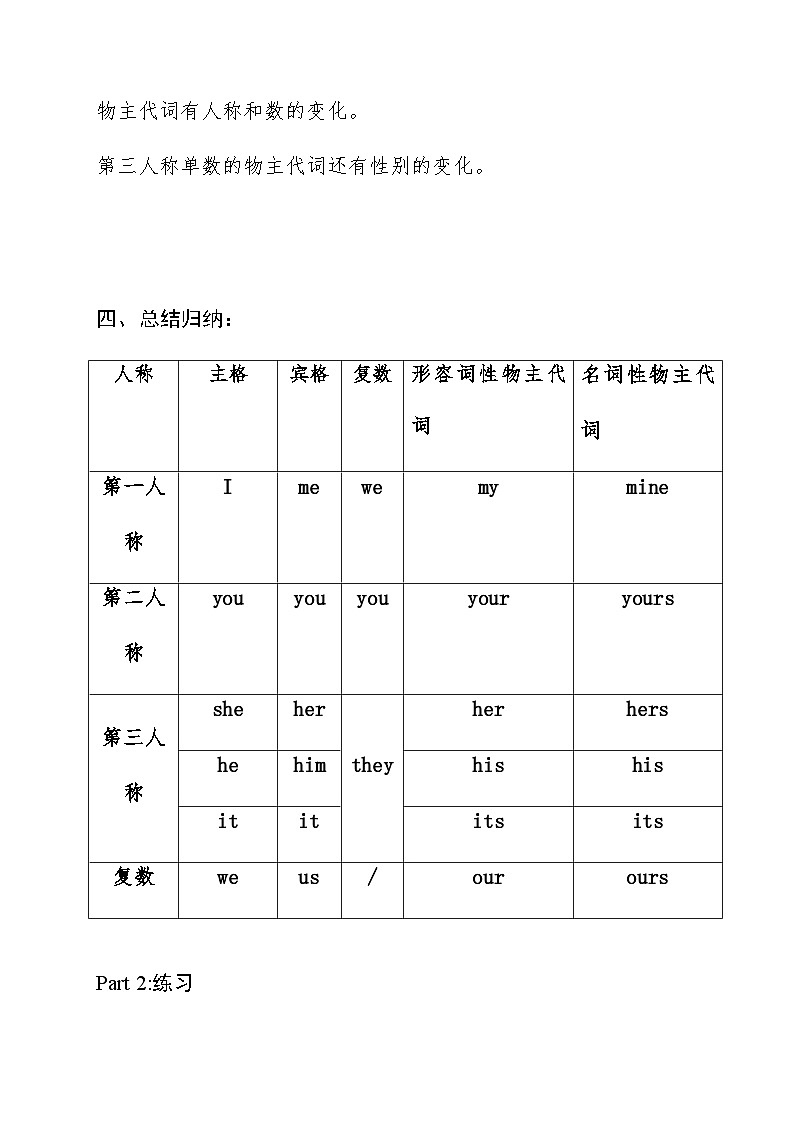 2023-2024学年小升初英语语法讲义2 人称代词和物主代词 通用版（含答案）第2页