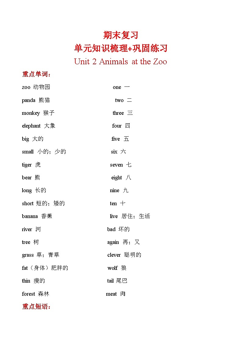 期末复习+单元知识梳理+巩固练习+Unit+2++三年级英语下册+冀教版（三起）含答案第1页
