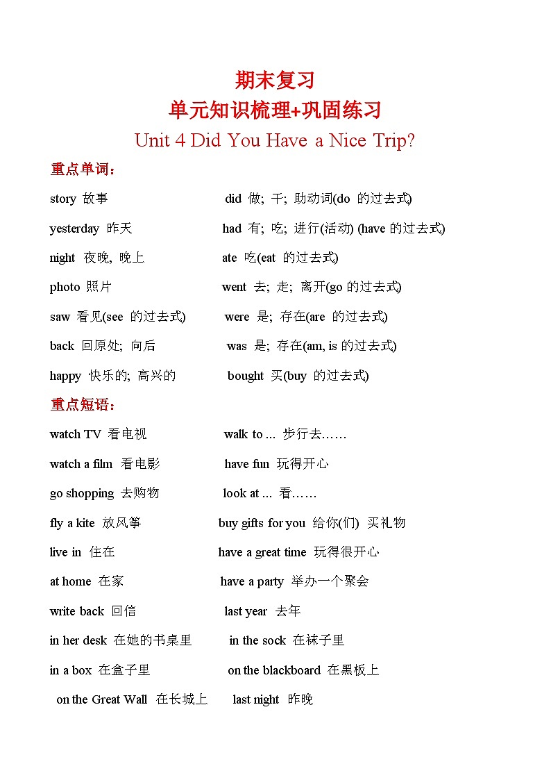 期末复习+单元知识梳理+巩固练习+Unit+4++五年级英语下册+冀教版（三起）含答案第1页