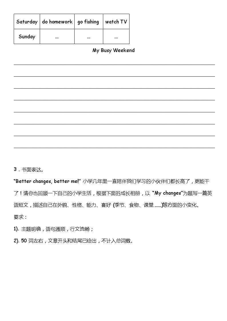 书面写作 人教PEP版小学英语六年级下册期末复习专项训练题02