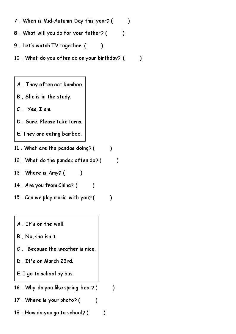 匹配题（试题）2023-2024学年人教PEP版英语五年级下册 专练02