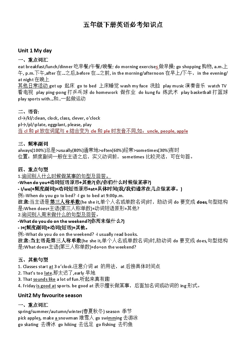 全册知识点汇总（素材）人教PEP版英语五年级下册第1页
