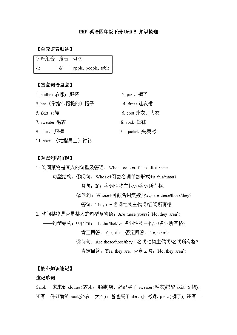 【期末复习】小学英语人教版PEP四年级下册单元知识梳理-Unit 5 （讲义）01