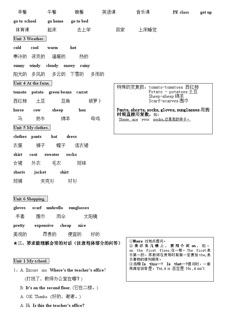 【期末复习】小学英语人教版PEP四年级下册素材-分类复习资料（讲义）02