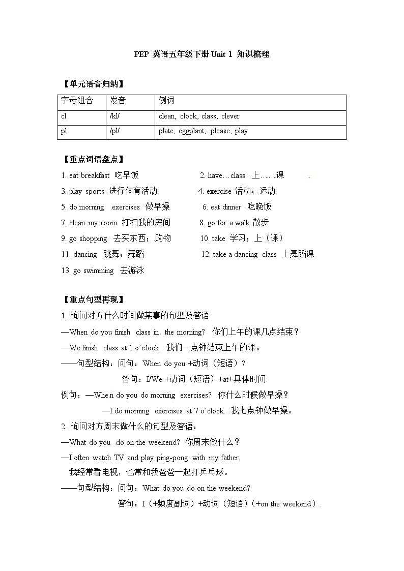 【期末复习】小学英语五年级下册单元知识梳理-Unit 1 My day （讲义）01