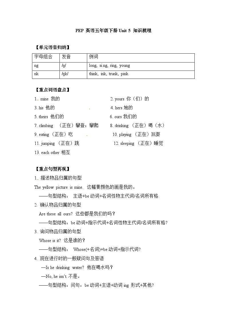 【期末复习】小学英语五年级下册单元知识梳理-Unit 5 Whose dog is it （讲义）01