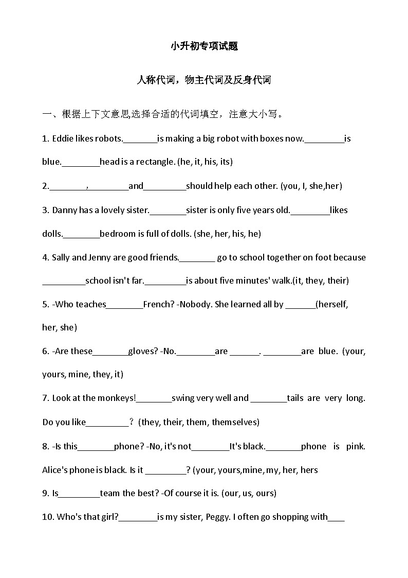 2024学年小升初英语专项 练习 -代词01