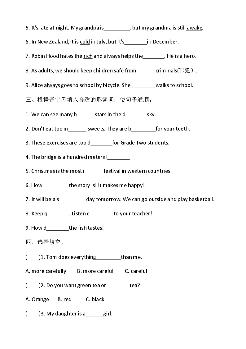 2024学年小升初英语专项 练习-形容词、副词章节练习02