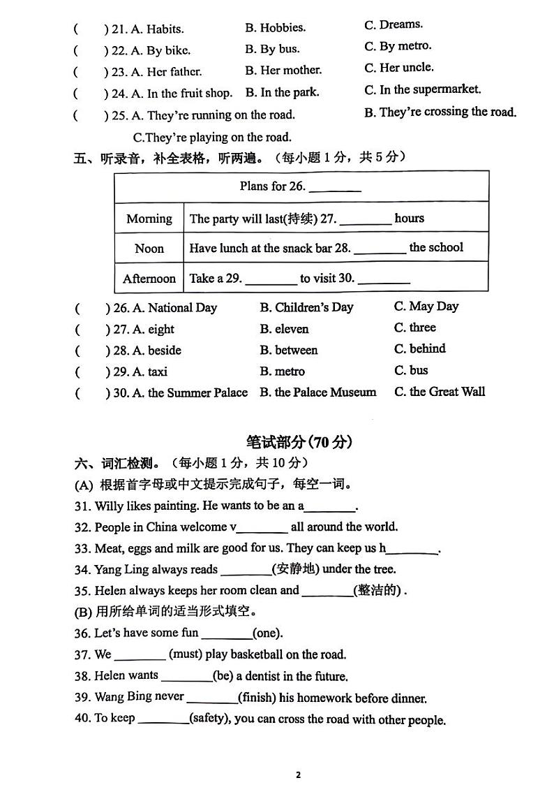 江苏省南京市雨花台区2023-2024学年六年级下学期期末英语试题第2页