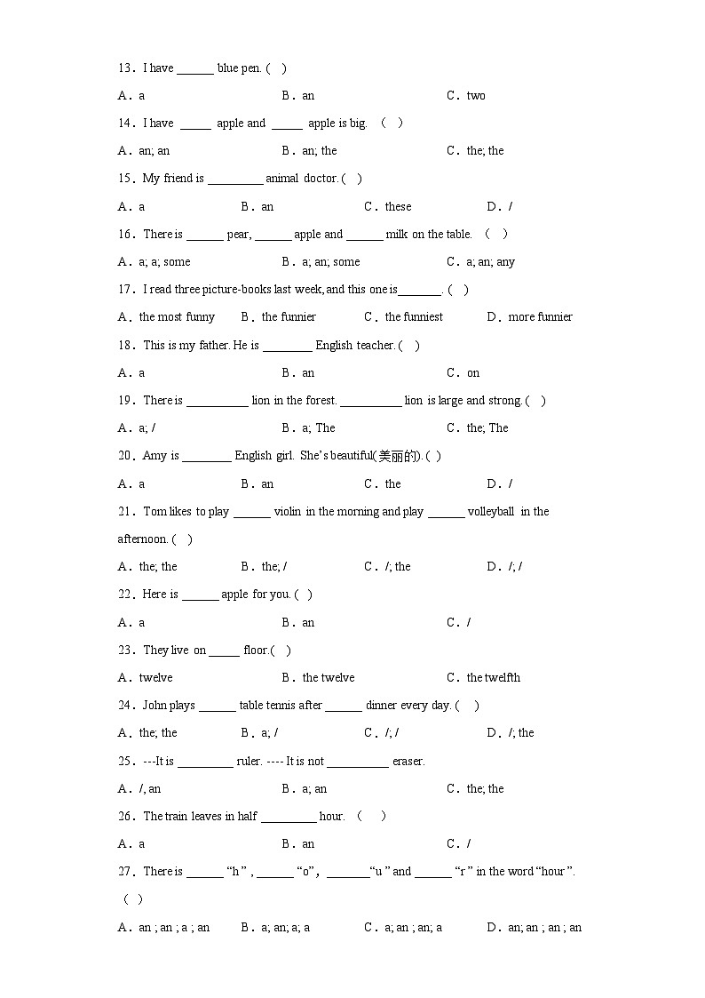 2024年小升初英语语法专项训练（译林三起）--冠词02