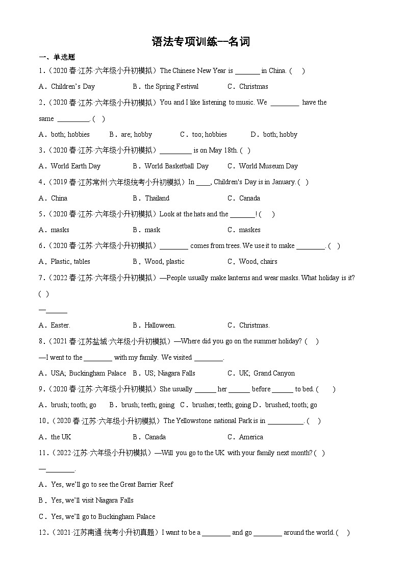 2024年小升初英语语法专项训练（译林三起）--名词01