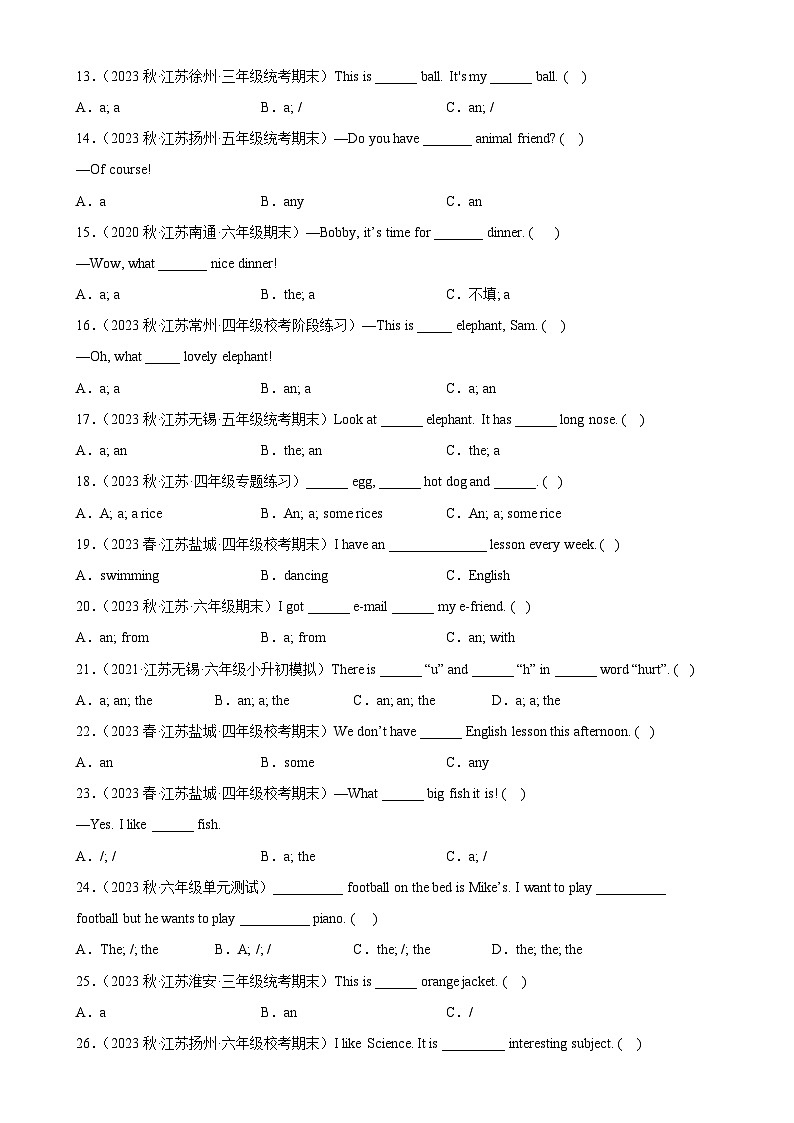 2023年 江苏小升初 语法专项精练--冠词的用法（含答案解析）译林版三起第2页