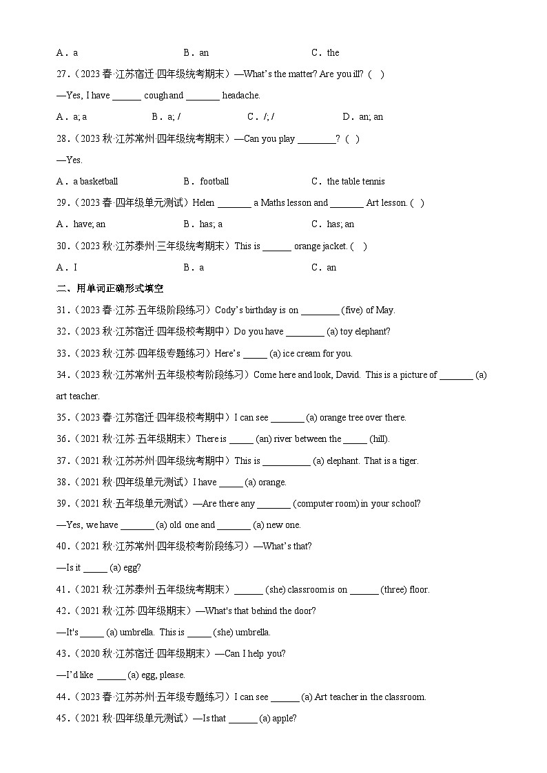 2023年 江苏小升初 语法专项精练--冠词的用法（含答案解析）译林版三起第3页