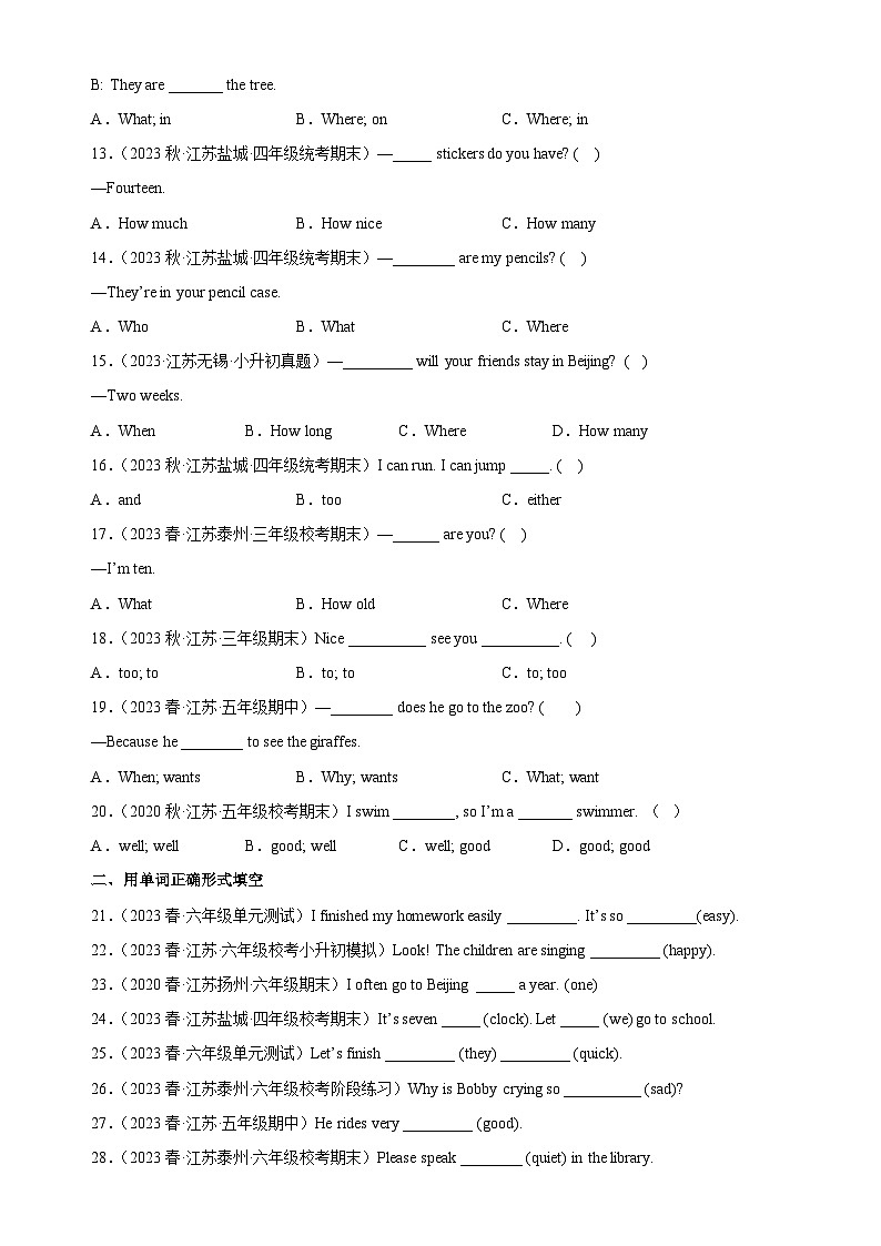 2023年 江苏小升初 语法专项精练--副词的用法（含答案解析）译林版三起第2页