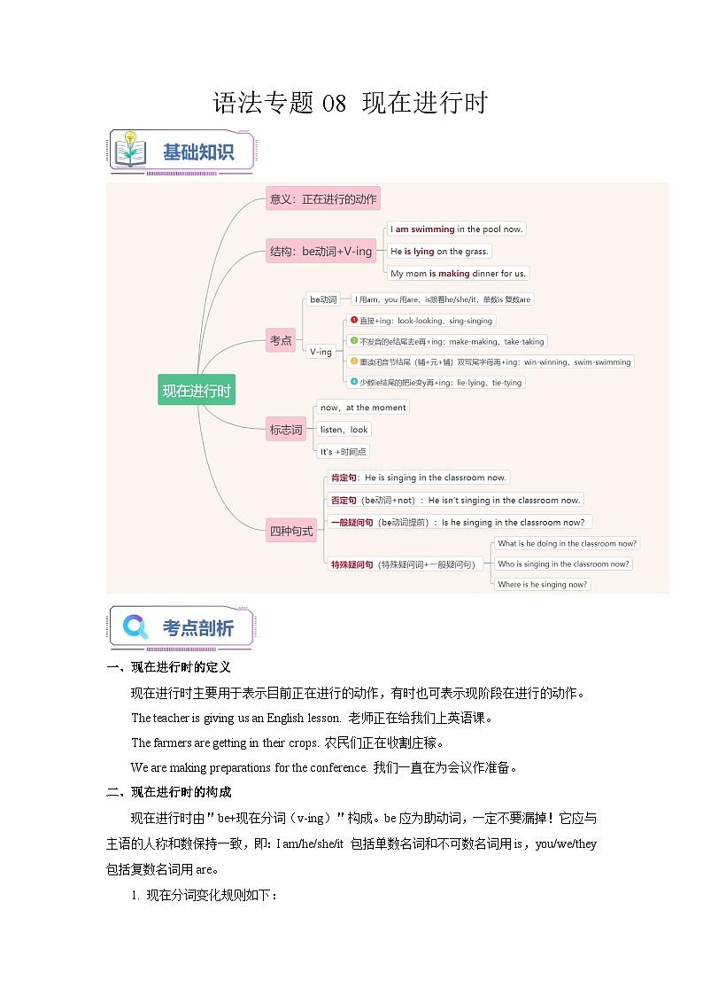 【暑假衔接】语法专题08 现在进行时【精讲+演练】-小升初英语暑假衔接（通用版）（解析版）01