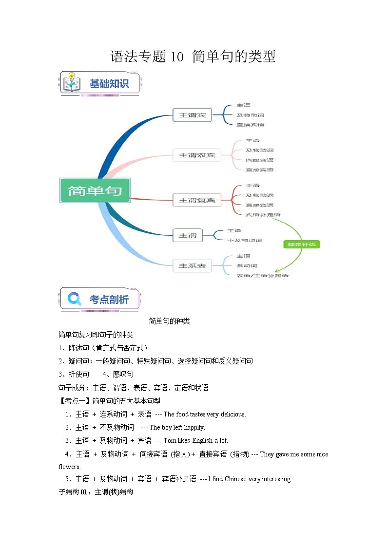 【暑假衔接】语法专题10 简单句的类型【精讲+演练】-小升初英语暑假衔接（通用版）（解析版）01