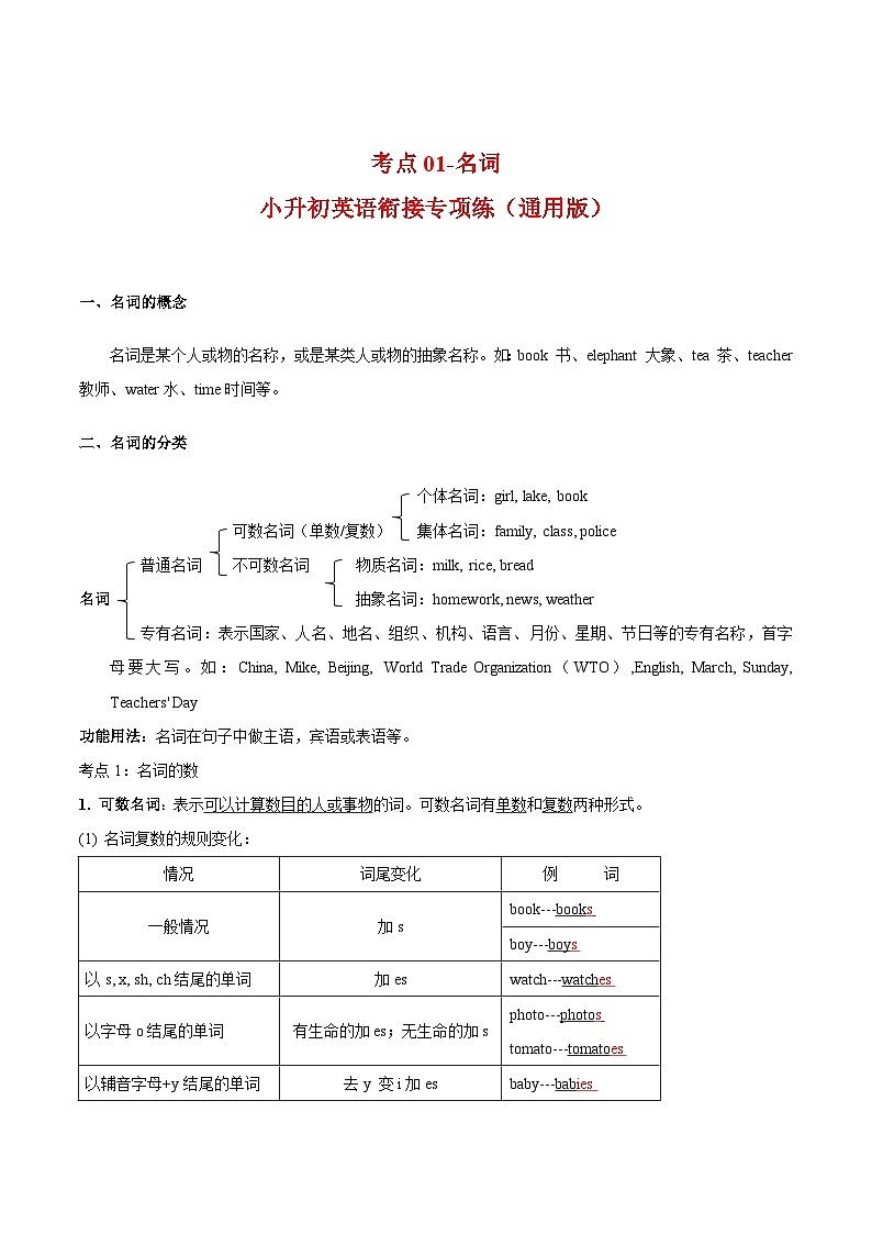 【暑假衔接】考点01-名词-小升初英语衔接专项练习（通用版）01