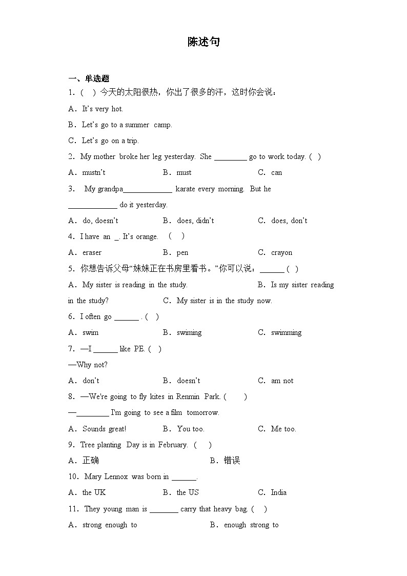 2024年小升初语法专项突破-- 陈述句 人教PEP版第1页