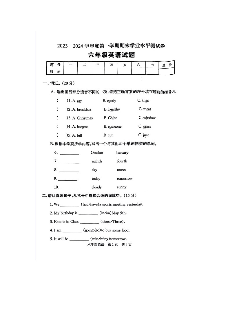 河南省驻马店市平舆县2023-2024学年六年级上学期期末英语试题01