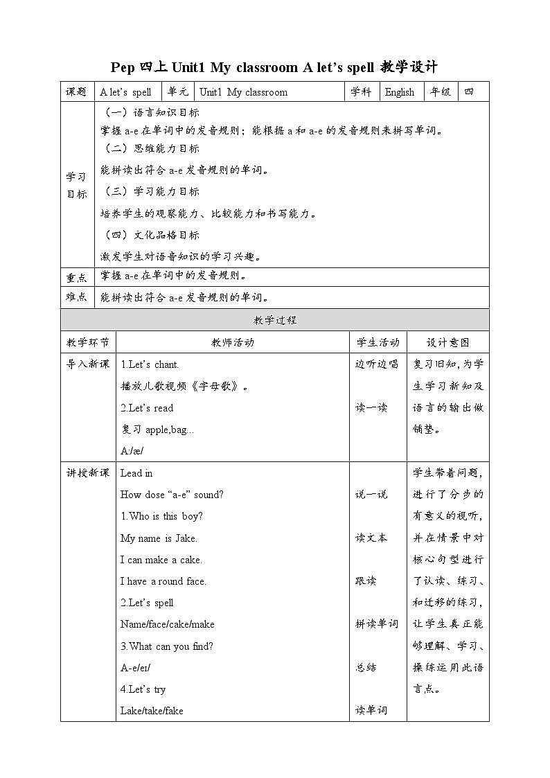 人教PEP版英语四年级上册Unit1 My classroom A let's spell 表格式教案第1页