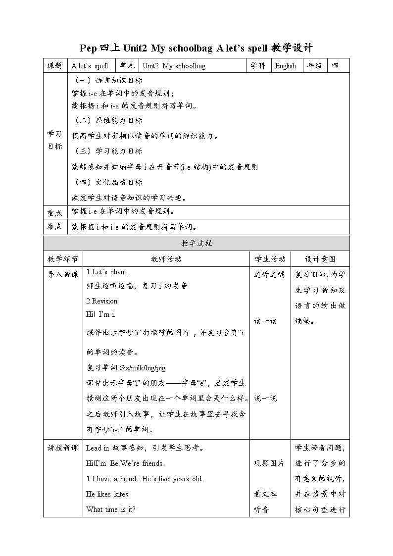 人教PEP版英语四年级上册Unit2 My schoolbag A let's spell 教案第1页