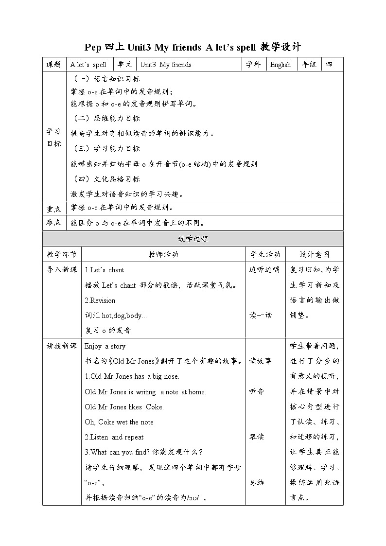 人教PEP版英语四年级上册Unit3 My friends A let's spell 教案01
