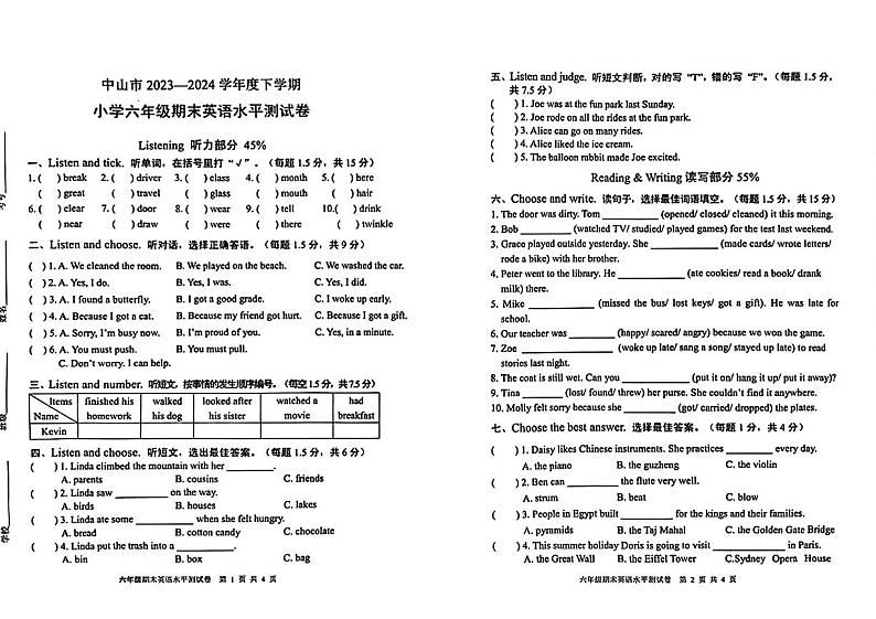 广东省中山市2023-2024学年六年级下学期期末英语试题01