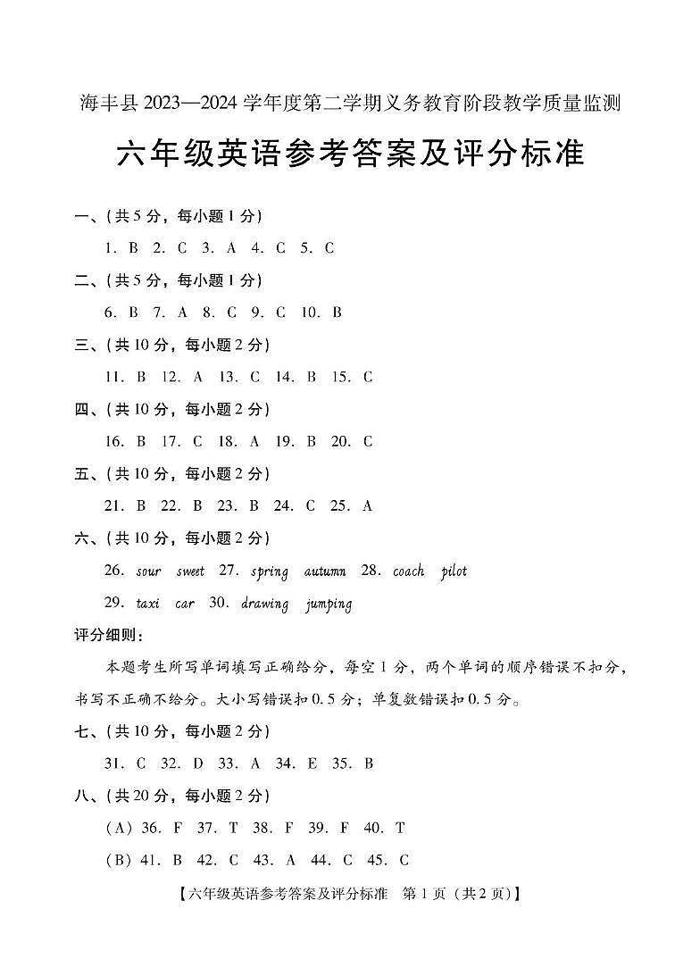 广东省汕尾市海丰县2023-2024学年六年级下学期7月期末英语试题01