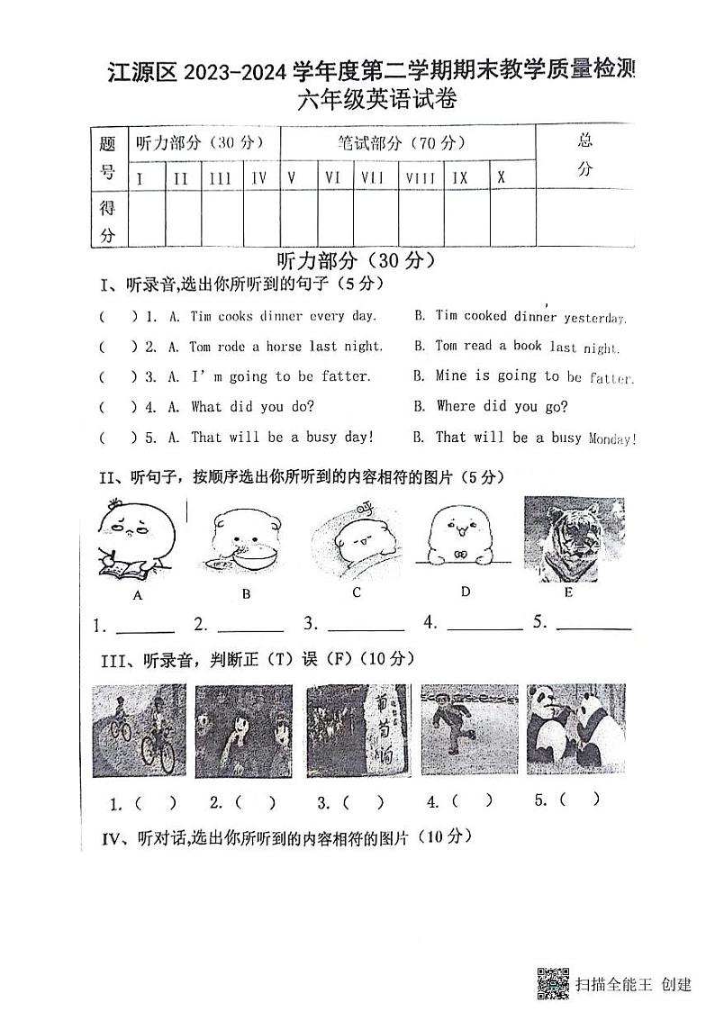 吉林省白山市江源区2023-2024学年六年级下学期7月期末英语试题01
