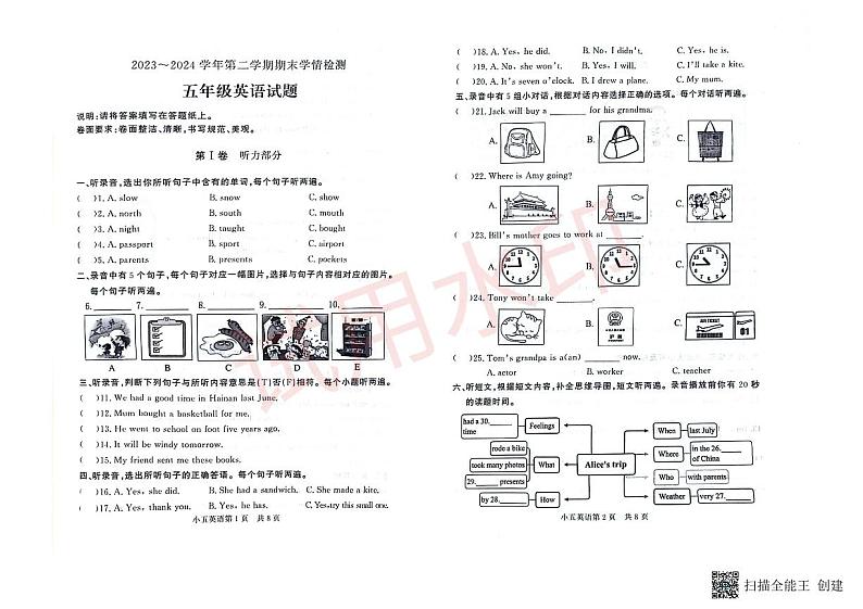 山东省德州市禹城市2023-2024学年五年级下学期期末英语试题第1页