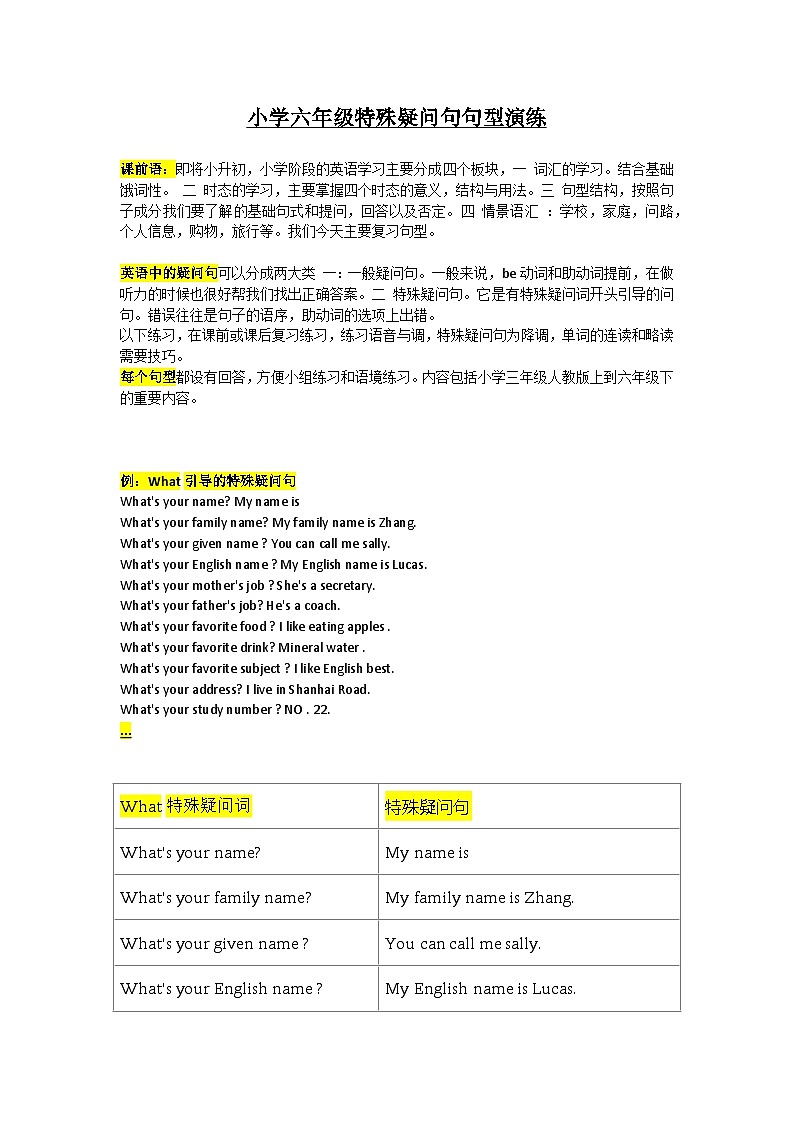 人教PEP版英语六年级下册期末复习 特殊疑问句句型演练讲义01