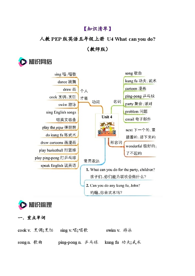 人教PEP版英语五年级上册 Unit 4（知识清单）（教师版）第1页